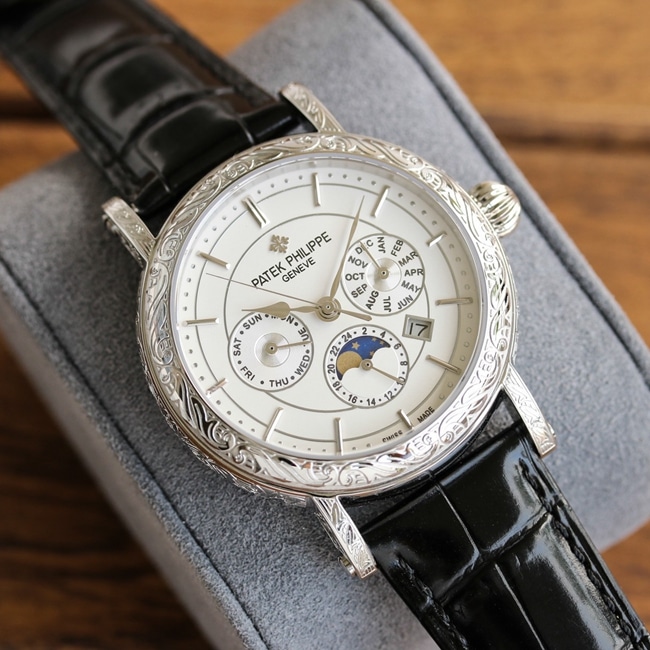 Patek Philippetop-tier watch men's white dial black strap hand-engraved mechanical leather strap 42mm watch front view