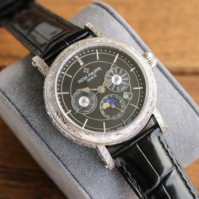 Patek Philippetop-tier watch men's white dial black strap hand-engraved mechanical leather strap 42mm watch front view