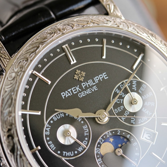 Patek Philippetop-tier watch men's white dial black belt hand-engraved mechanical leather strap 42mm watch detail shots