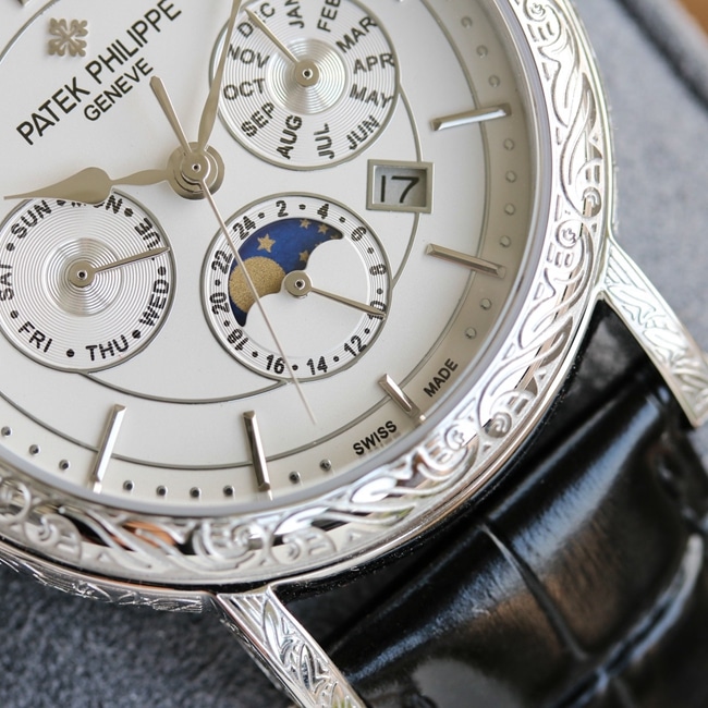 Patek Philippetop-tier watch men's white dial black belt hand-engraved mechanical leather strap 42mm watch detail shots
