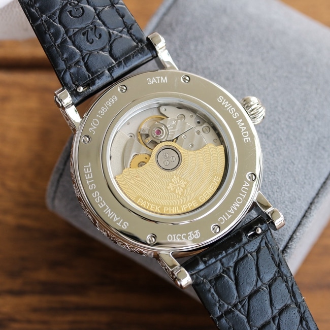 Patek Philippetop-tier watch men's white dial black belt pure hand-engraved mechanical leather strap 42mm watch movement picture