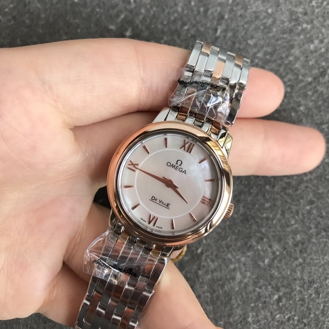 DK factory top-tier replicaOmega super a watch women's white dial gold steel bracelet natural real diamond butterfly series quartz watch front view