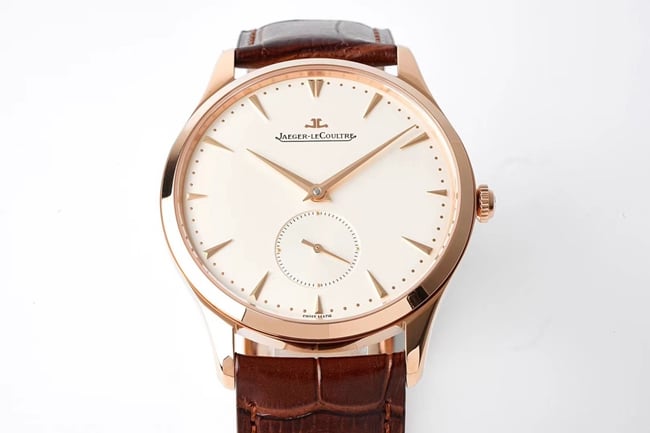 ZF FactoryJaeger-LeCoultretop-tier replicahigh-quality watch men's white dial brown belt ultra-thin master series small second hand quartzleather strap watch front view