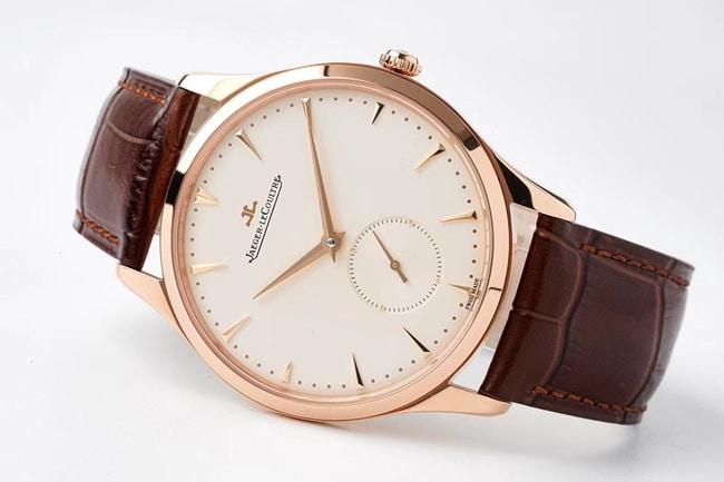 ZF FactoryJaeger-LeCoultretop-tier replicahigh-quality watch men's white dial brown belt ultra-thin master series small second hand quartzleather strap watch front view