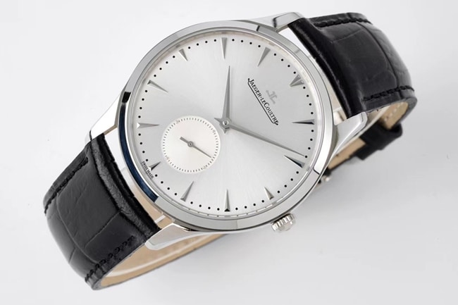 ZF FactoryJaeger-LeCoultretop-tier replicahigh-quality watch men's white dial black belt master series ultra-thin small second hand quartzleather strap watch front view