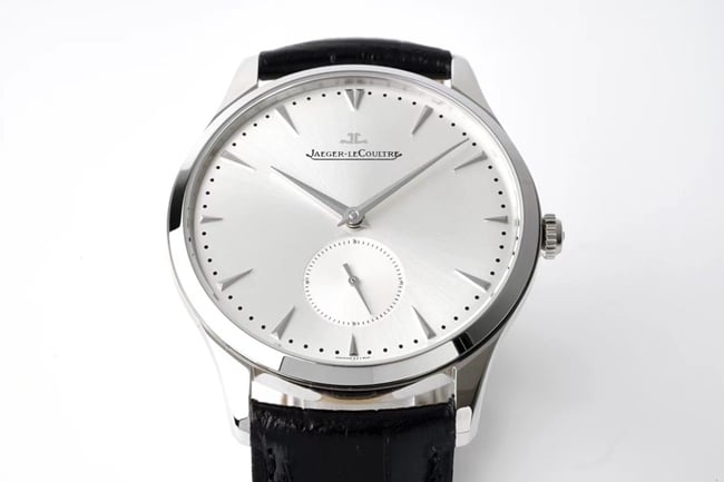 ZF FactoryJaeger-LeCoultretop-tier replicahigh-quality watch men's white dial black belt master series ultra-thin small second hand quartzleather strap watch front view