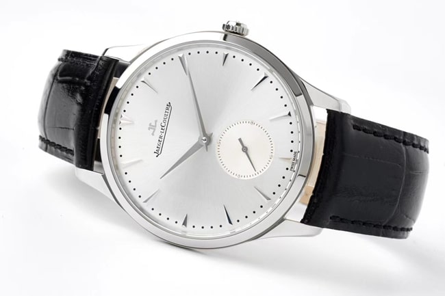 ZF FactoryJaeger-LeCoultretop-tier replicahigh-quality watch men's white dial black belt master series ultra-thin small second hand quartzleather strap watch front view