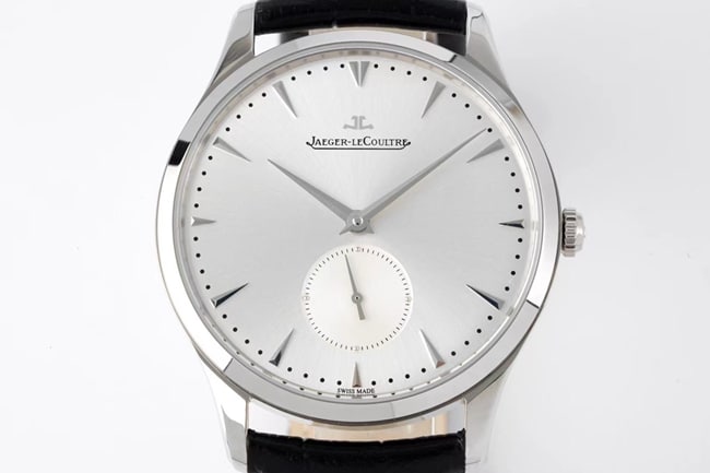 ZF FactoryJaeger-LeCoultretop-tier replicahigh-quality watch men's white dial black belt master series ultra-thin small second hand quartzleather strap watch front view