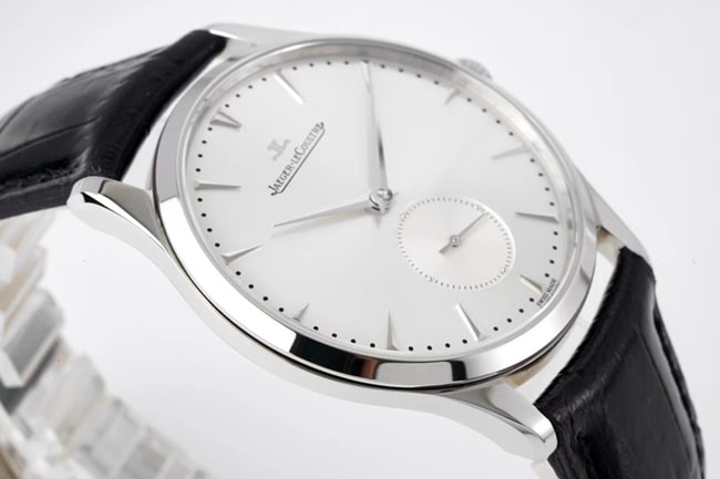 ZF FactoryJaeger-LeCoultretop-tier replicahigh-quality watch men's white dial black belt master series ultra-thin small second hand quartzleather strap watch side view