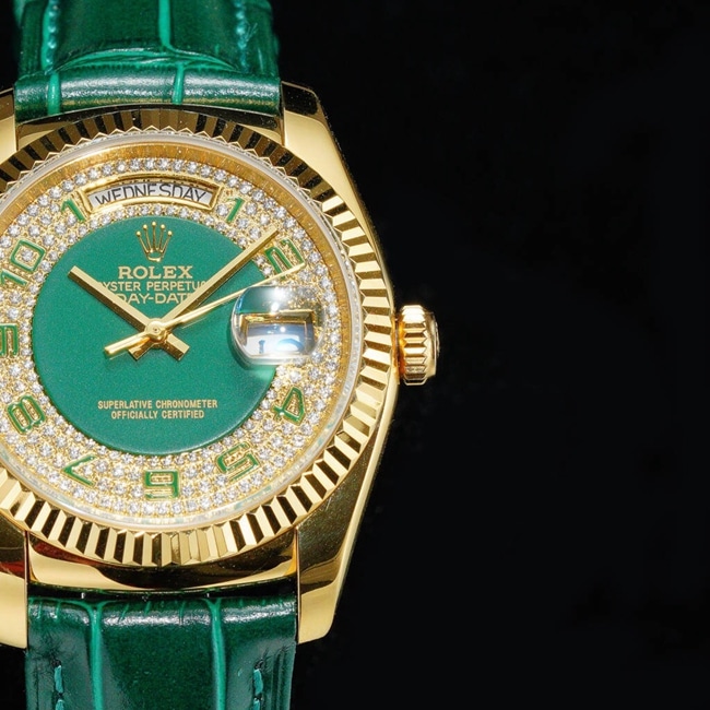 Rolextop-tier replicasuper watch men's green dial green strap day-date type day-date 36mm series automatic movement watch detail shots