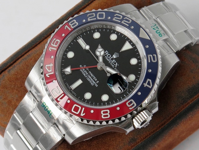 GS factory top-tier replicaRolex super a watch men's black dialsteel braceletGMT-Master type II GMT series watch front view