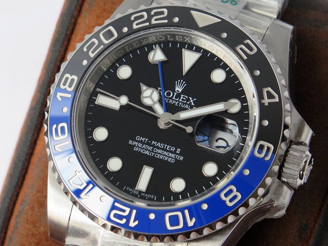 GS factory top-tier replicaRolex1:1 watch men's black dialGMT-Master type II GMT series automatic movementsteel bracelet watch front view