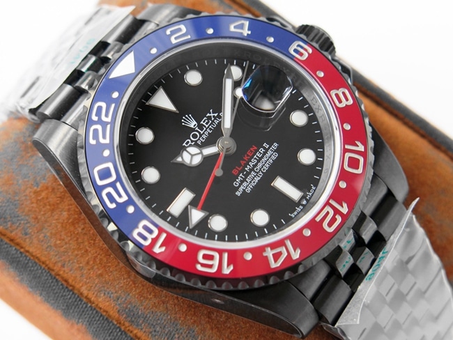 GS factory Rolexreplica watch men's black dialsteel bracelet red and blue circle GMT-MasterGMT mechanical watch front view