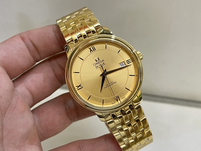 top-tier watch Omega men's gold plate gold steel bracelet Die Fei series 41mm natural real diamond mechanical watch front view