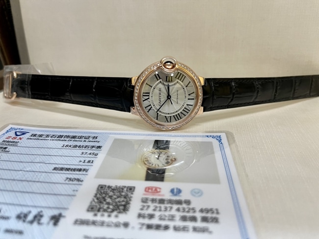top-tier watch Cartier men's white dial black belt 18Krose gold South African real diamond leather strap mechanical watch front view
