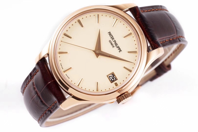 ZF Factorytop-tier watch Patek Philippe men's gold plate brown belt classic series automatic movementleather strap watch front view