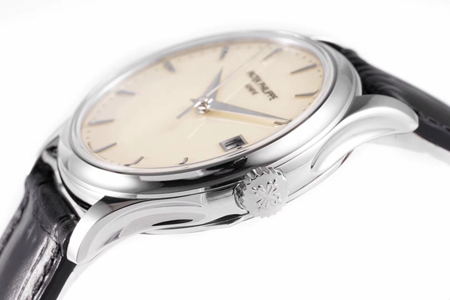 ZF Factorytop-tier watch Patek Philippe men's white dial black belt mechanical classical series leather strap watch side view
