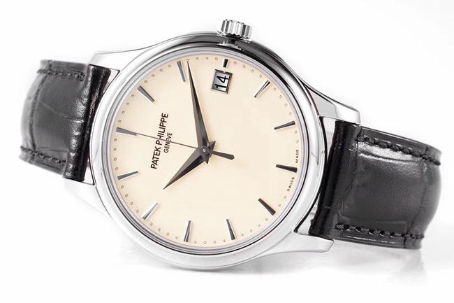 ZF Factorytop-tier watch Patek Philippe men's white dial black belt mechanical classical series leather strap watch front view