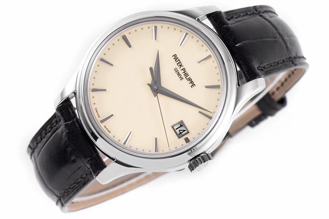 ZF Factorytop-tier watch Patek Philippe men's white dial black belt mechanical classical series leather strap watch front view