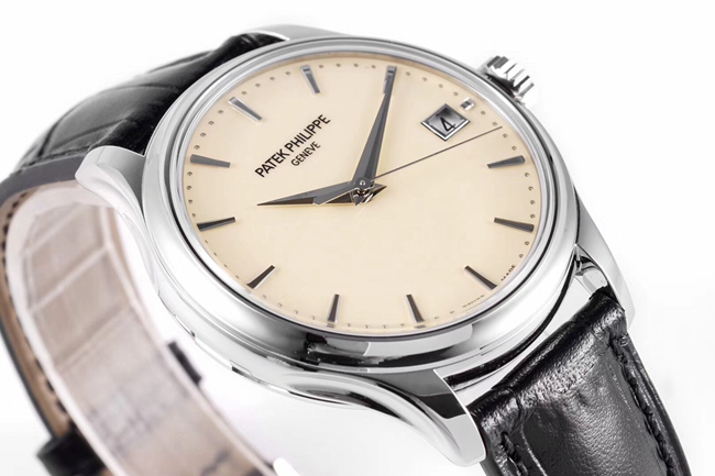ZF Factorytop-tier watch Patek Philippe men's white dial black belt mechanical classical series leather strap watch front view