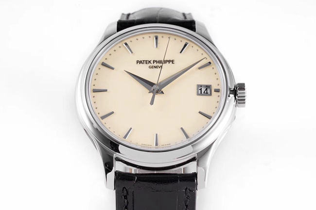 ZF Factorytop-tier watch Patek Philippe men's white dial black belt mechanical classical series leather strap watch front view