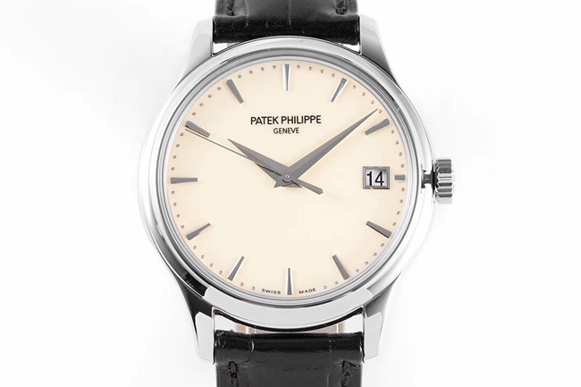 ZF Factorytop-tier watch Patek Philippe men's white dial black belt mechanical classical series leather strap watch front view