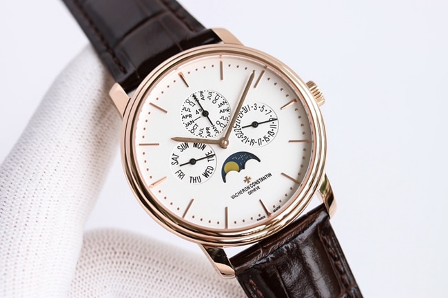 top-tier watch Vacheron Constantin men's white dial heritage series perpetual calendar multi-function mechanical leather strap watch front view