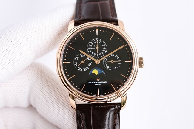 top-tier watch Vacheron Constantin men's white dial heritage series perpetual calendar multi-function mechanical leather strap watch front view