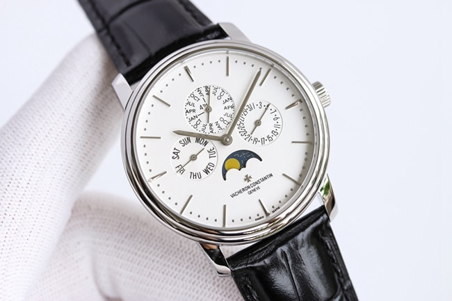 top-tier watch Vacheron Constantin men's white dial black belt perpetual calendar multi-function heritage series mechanical watch front view