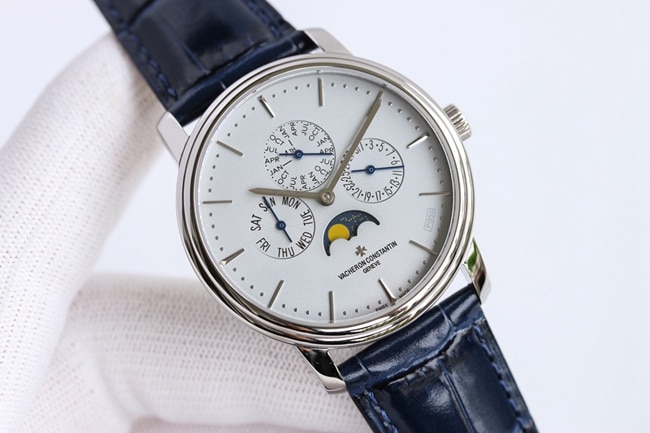 top-tier watch Vacheron Constantin men's white dial blue belt heritage series leather strap automatic movement watch front view