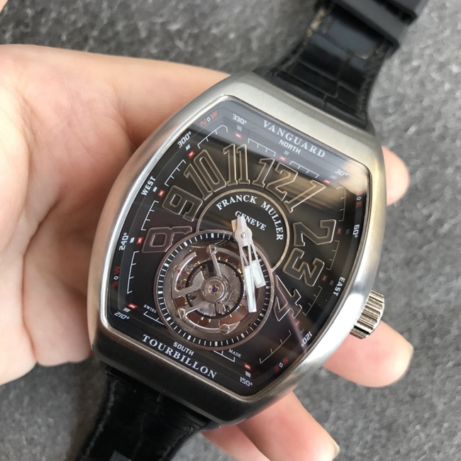 Top-tier watch Frank Muller men's black dial black belt V45 Pioneer series tourbillon mechanical leather strap watch front view