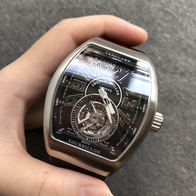 Top-tier watch Frank Muller men's black dial black belt V45 Pioneer series tourbillon mechanical leather strap watch front view