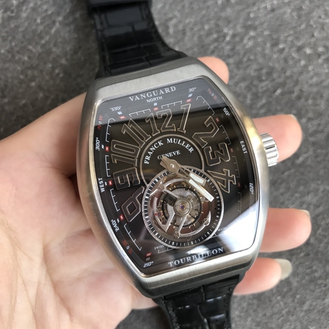 Top-tier watch Frank Muller men's black dial black belt V45 Pioneer series tourbillon mechanical leather strap watch front view