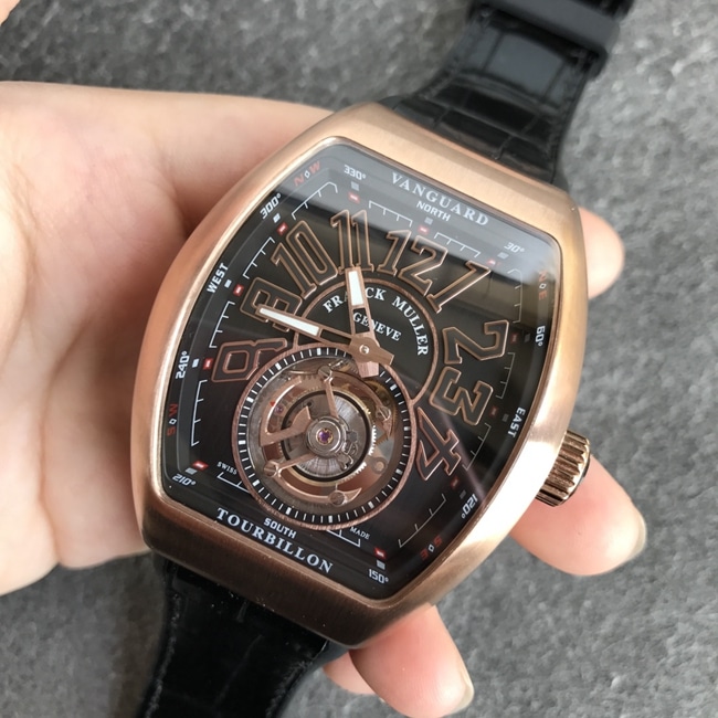 Top-tier watch Frank Muller men's black dial black belt tourbillonV45 Pioneer series mechanical leather strap watch front view