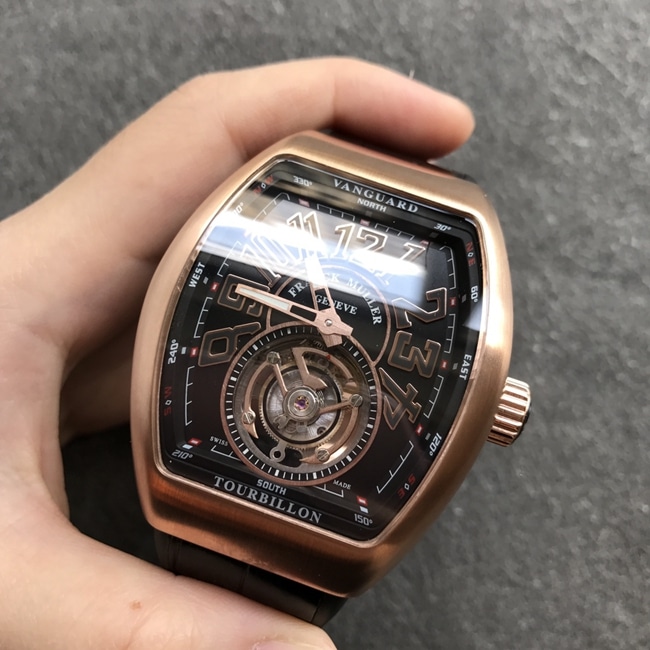Top-tier watch Frank Muller men's black dial black belt tourbillonV45 Pioneer series mechanical leather strap watch front view
