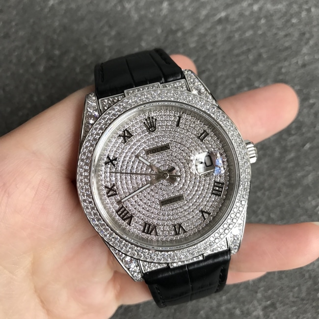 top-tier watch Rolex men's gray plate black belt log series baby's breath automatic movement crocodile leather strap watch front view