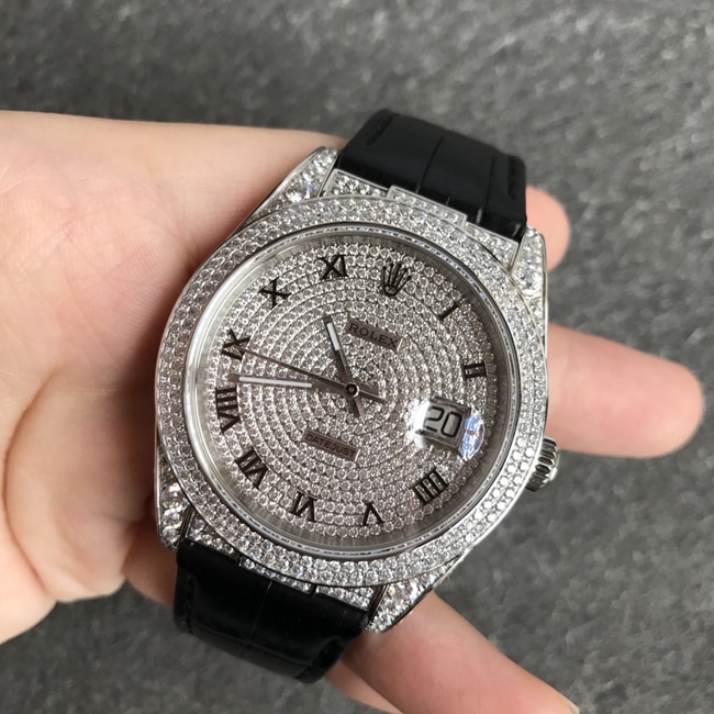 top-tier watch Rolex men's gray plate black belt log series baby's breath automatic movement crocodile leather strap watch front view