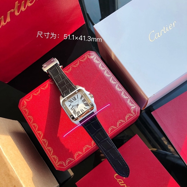 top-tier watch Cartier men's white dial black belt fully automatic movementleather strap watch front view