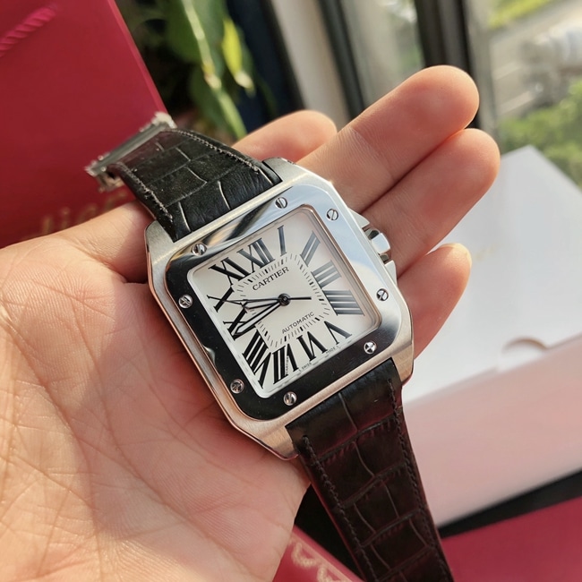 top-tier watch Cartier men's white dial black belt fully automatic movementleather strap watch front view