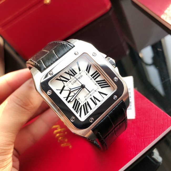 top-tier watch Cartier men's white dial black belt fully automatic movementleather strap watch front view