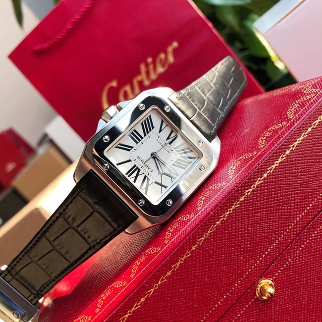 top-tier watch Cartier men's white dial black belt fully automatic movementleather strap watch front view