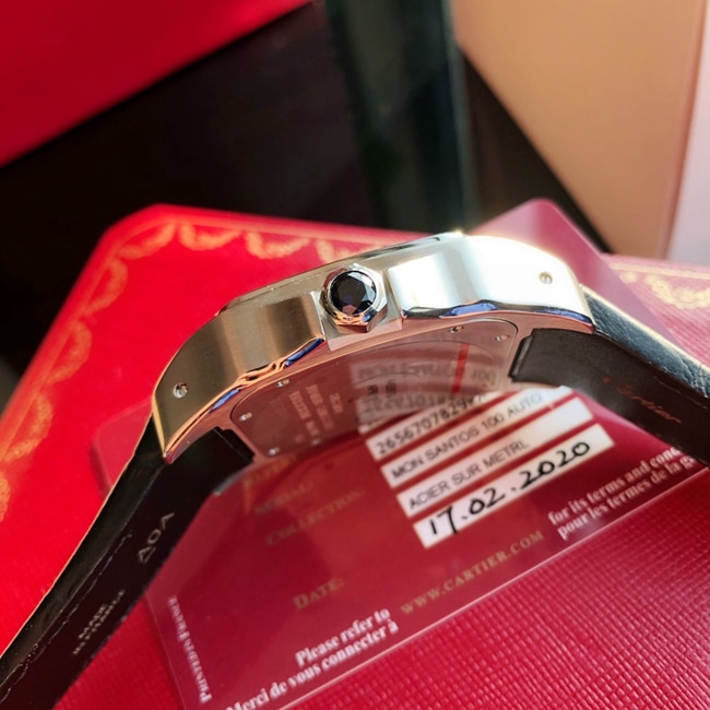 top-tier watch Cartier men's white dial black belt fully automatic movementleather strap watch side view