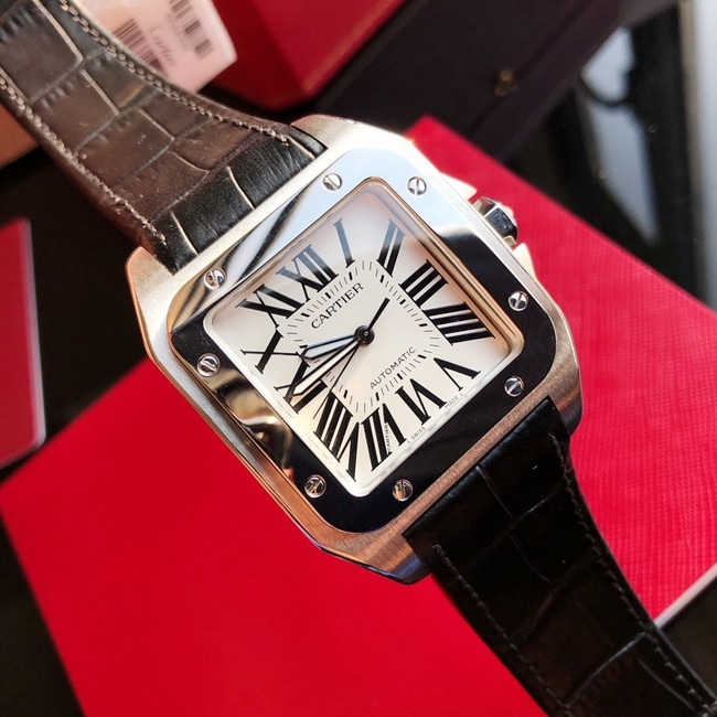 top-tier watch Cartier men's white dial black belt fully automatic movementleather strap watch front view