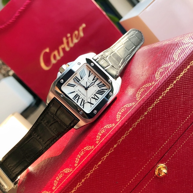 top-tier watch Cartier men's white dial black belt automatic movementleather strap watch front view