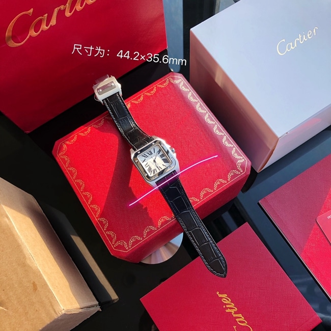 top-tier watch Cartier men's white dial black belt automatic movementleather strap watch front view