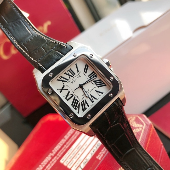 top-tier watch Cartier men's white dial black belt automatic movementleather strap watch front view