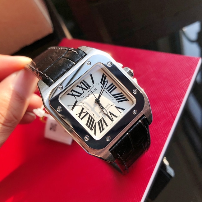top-tier watch Cartier men's white dial black belt automatic movementleather strap watch front view