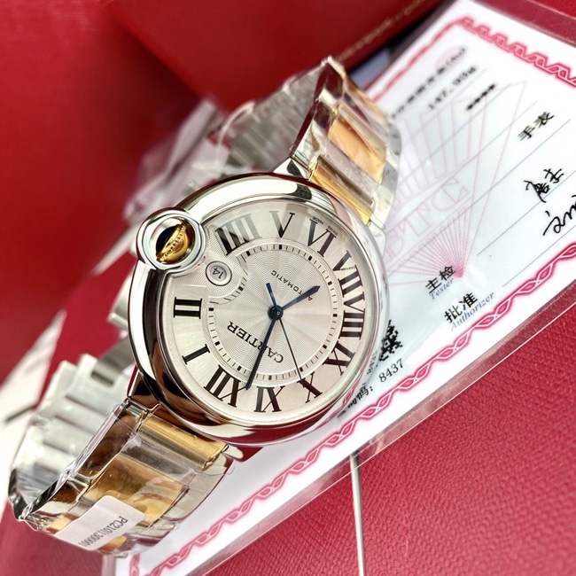 Original watch Cartier men's white dial gold band 42mm automatic movement blue balloon series watch front view