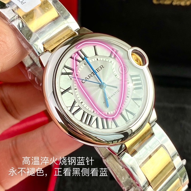 Original watch Cartier men's white dial gold band 42mm automatic movement blue balloon series watch front view