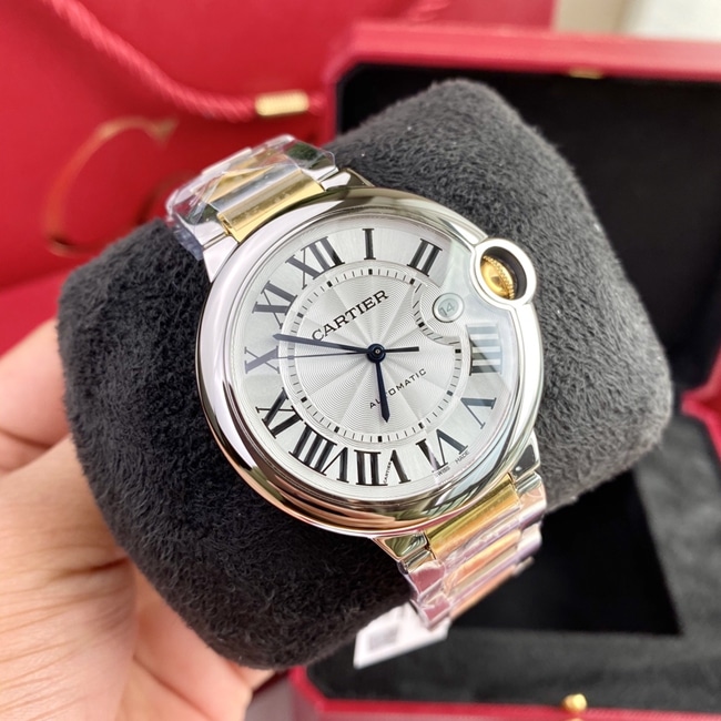 Original watch Cartier men's white dial gold band 42mm automatic movement blue balloon series watch front view